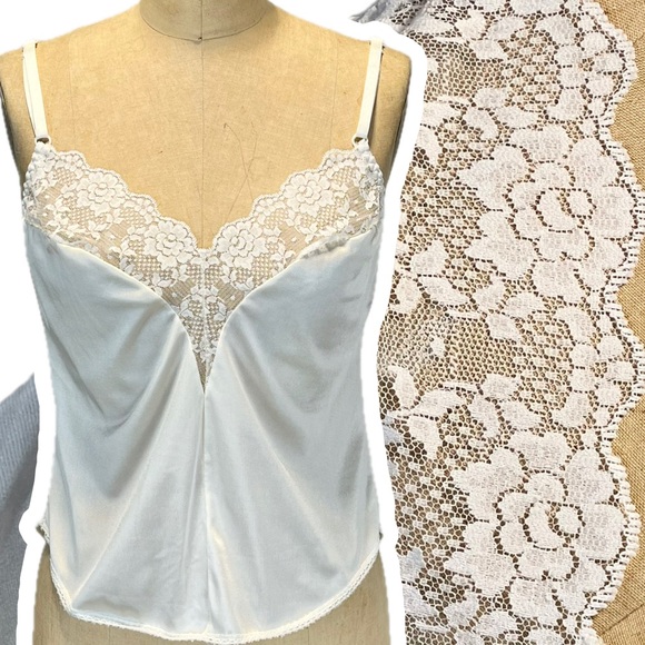 VINTAGE floral lace silky camisole cami slip lingerie tank top v neck 70s 80s - Picture 1 of 10